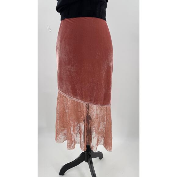 Free People Peach Velvet Lace Asymmetrical Skirt 12 Orange Large Midi Boho - Picture 2 of 13